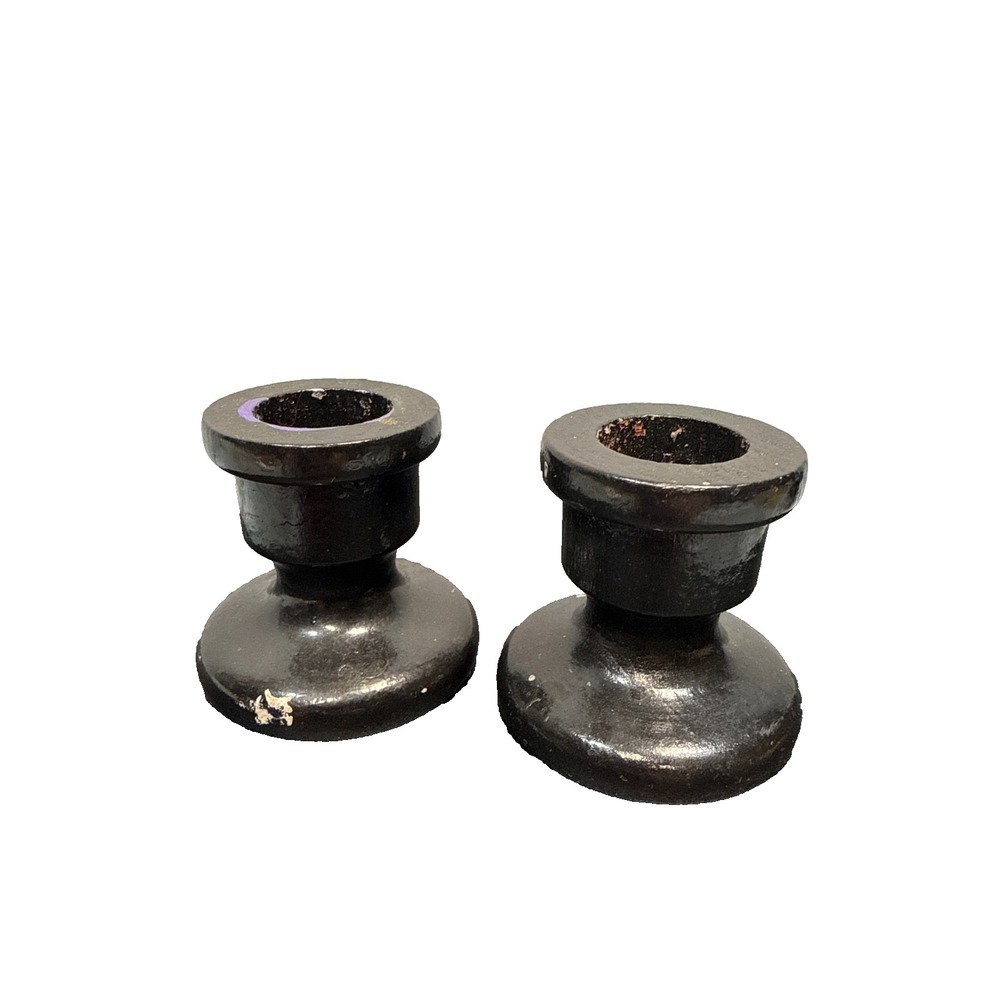 VTG Black Turned Wood Candlestick Holders Pair Colonial Farmhouse Decor 2" Short